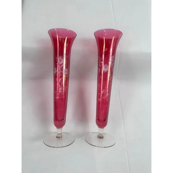 2 Vintage Ruby Red Glass Bud Handblown Vases Etched Floral Design - Picture 1 of 12